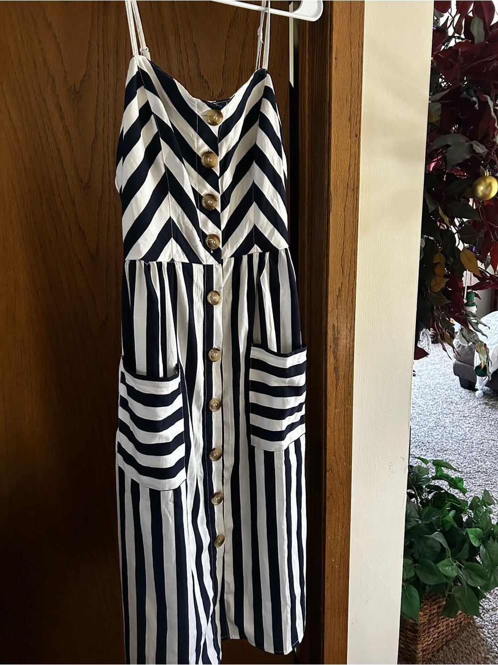 Striped Navy and White Midi Dress with Button Front